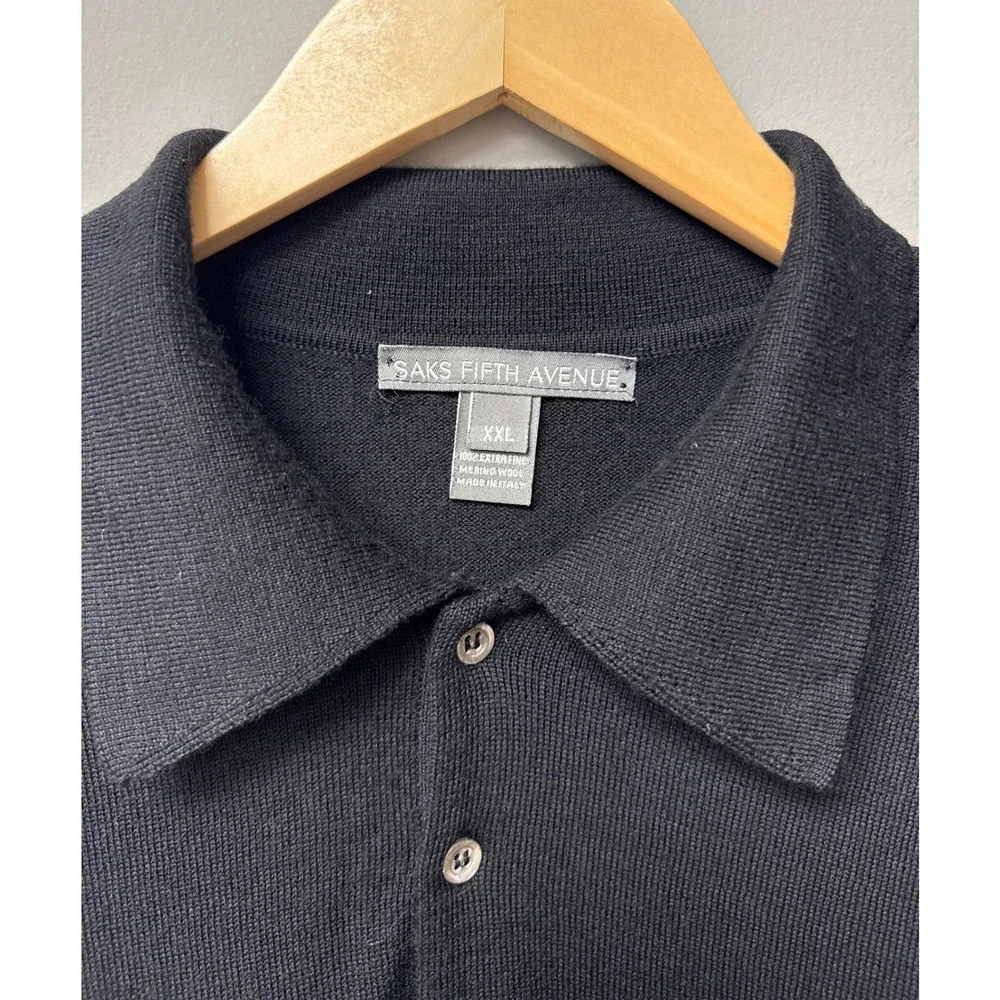Saks Fifth Avenue Polo Sweater Men XXL Fine Merino Wool Italian Knit Long Sleeve